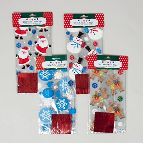 Set of 80 Christmas Cello/Cellophane/Loot Treat Bag w/Ties โ 4 Assorted Holiday Designs (80)