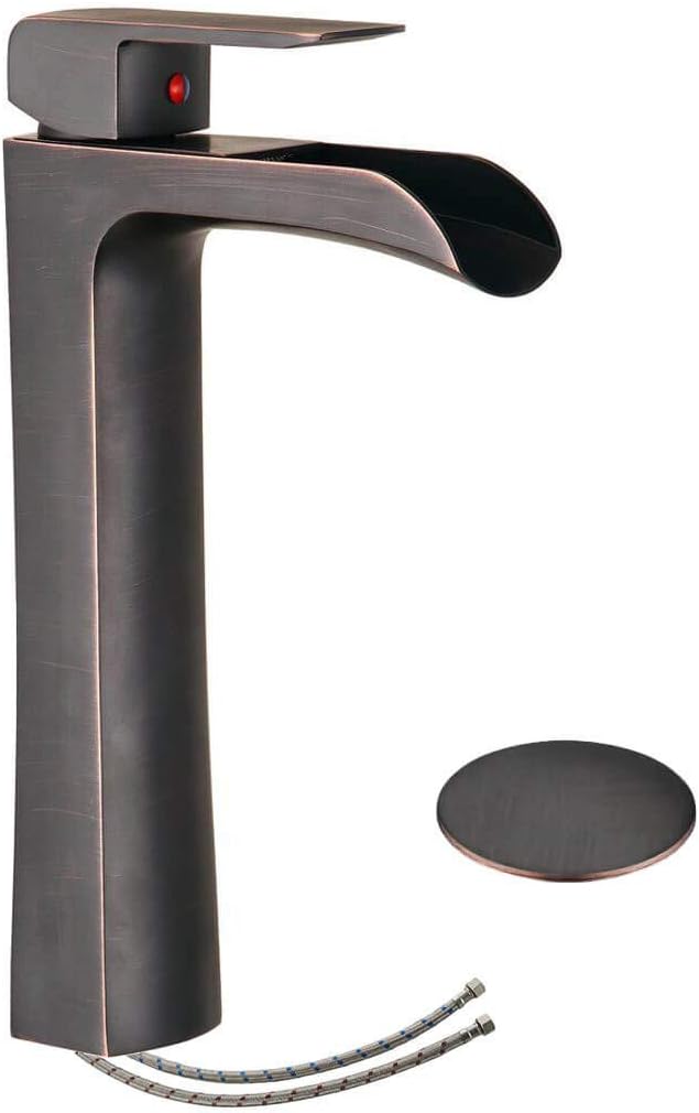 Homevacious Bathroom Vessel Sink Faucet Oil Rubbed Bronze Tall Body Waterfall Lavatory Bath Single Handle One Hole with Pop up Drain Stopper Mixer Tap Orb Deck Mount Temporary Commercial Lead-Free