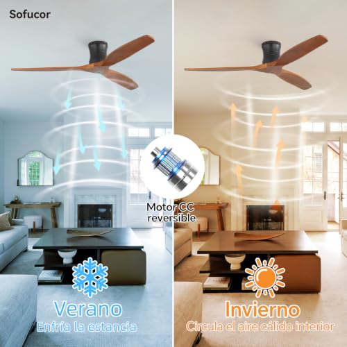 Sofucor 132cm Ventilador de Techo con Mando a Distancia, Madera Maciza Ventilador de Techo sin Luz, Silencioso DC, Temporizador, 3 Temperaturas de Color, 6 Velocidades para Salones