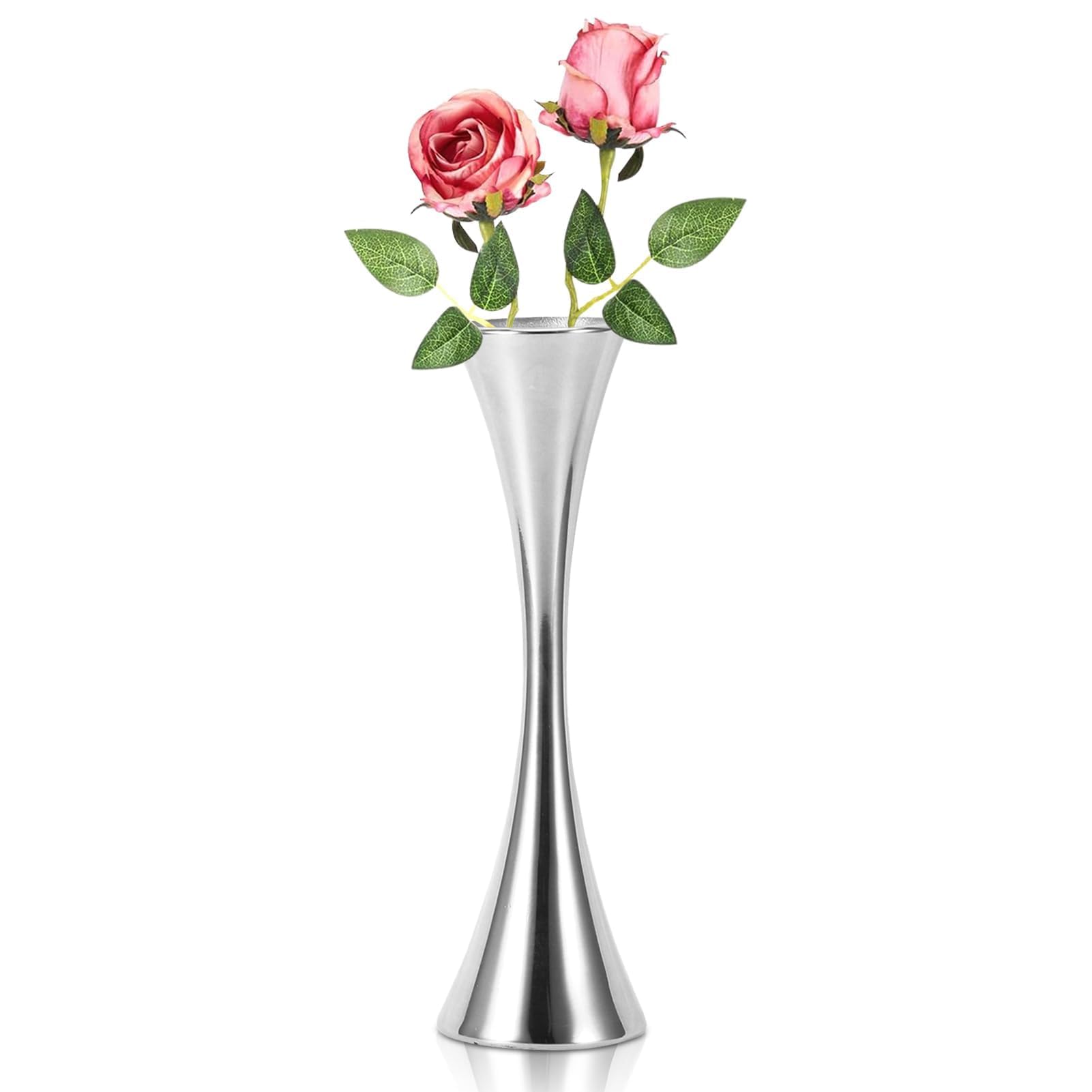 Beufee Vase, 2in×6.7in/5cm×17cm Flower VaseTall Small Metal Flower Vase Small Bud Decorative Floral Vase Silver Slim Floral Container Centerpiece for Decor