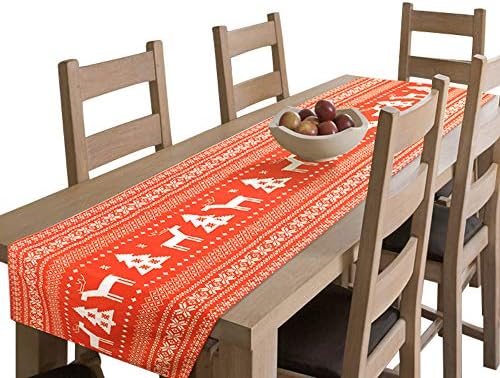 Amsper Christmas Table Runner, Machine Washable Printed Fabric Table Lines Decoration with Christmas Reindeer and Tree for Holiday Season Home Table Decor