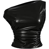 Milumia Women's Asymmetrical Faux Leather Top Ruched One Shoulder Sleevelss Y2k Crop Top Concert Outfits