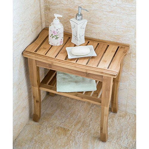 Peach Tree Home Bamboo Shower Seat Bench Spa Bath Deluxe Organizer Stool With Storage Shelf For Seating Indoor & Outdoor Bathtub Shower Chair Spa Seat (18.7" x 9.6" x 17.7" Shower Bench)