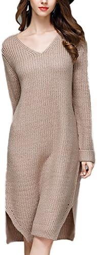 JFDWOPHT Women Loose Knit Dress V-Neck Long Sleeve Jumper Pullover Knitwear Long Sweater