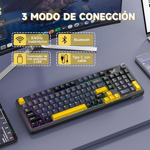 ATTACK SHARK X98Pro Teclado Inalambrico, Teclado Mecánico con Bluetooth/Type C/2.4G/, Teclado Gamer con Pantalla LED a Color y Teclado Numérico para PC y Mac (Negro)