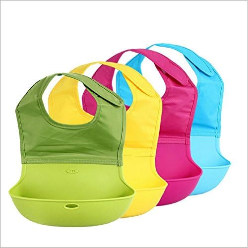 2 x BambinoCo Soft Silicone Bibs - Easily Adjustable &amp; Comfortable Roll up Silicone Pocket Baby Bibs - Soft, Hygienic, Durable &amp; Machine Washable - Attractive Blue &amp; Green