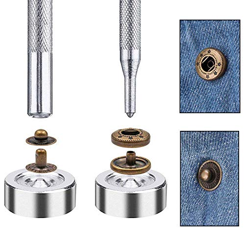 100 Set Di Bottoni In Metallo ，Rivetto in Pelle Doppio Testa con Kit di Attrezzi di Riparazione - Bottoni A Pressione per Cuoio fai da te Decorazione Arte e Artigianato Argento e Bronzo（15mm）