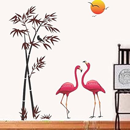 Decals Design Flamingos and Bamboo at Sunset Wall Sticker (PVC Vinyl, 90 cm x 60 cm, Multicolour)