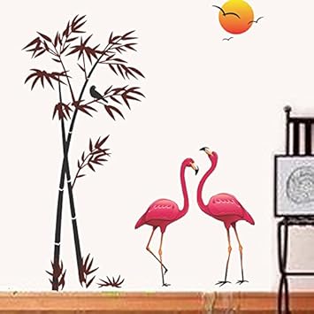 Decals Design Flamingos and Bamboo at Sunset Wall Sticker (PVC Vinyl, 90 cm x 60 cm,