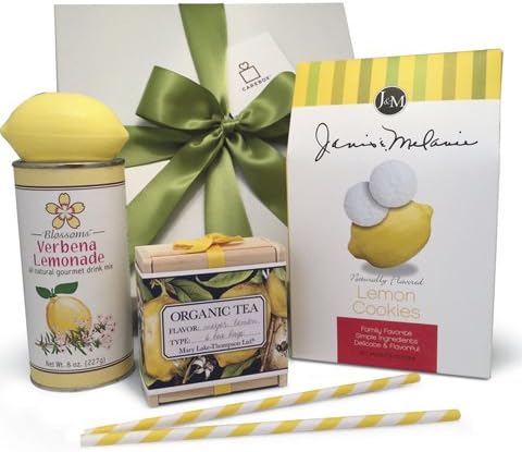 Appreciation Lemon Gift Basket: Lemon Cookies, Lemonade, Gourmet Tea in a Wooden Box. Beautiful Gift Box tied with a Satin Bow