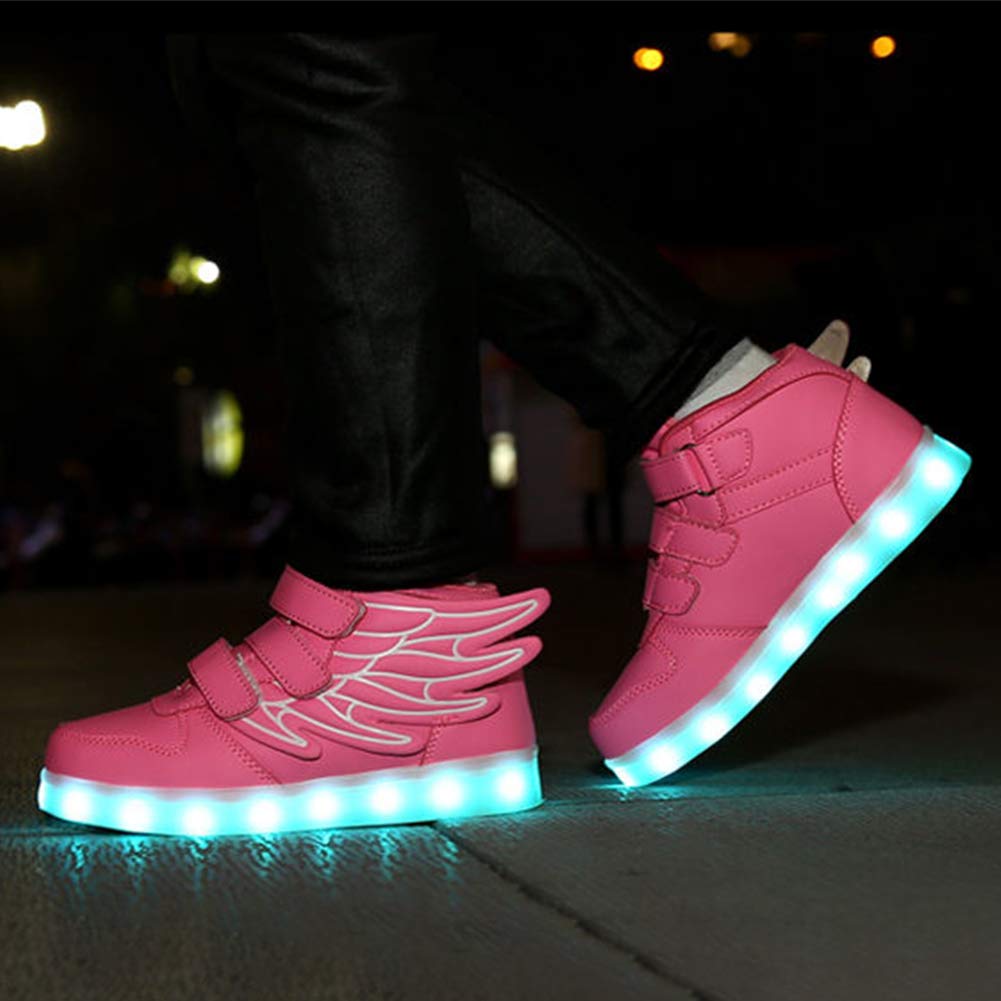 RioRand Kids Lights Up Sneakers Boys Girls Flashing Rechargeable Dance Shoes Athletic Wings Fashion High Top 7 Colors LED Shoes Rose