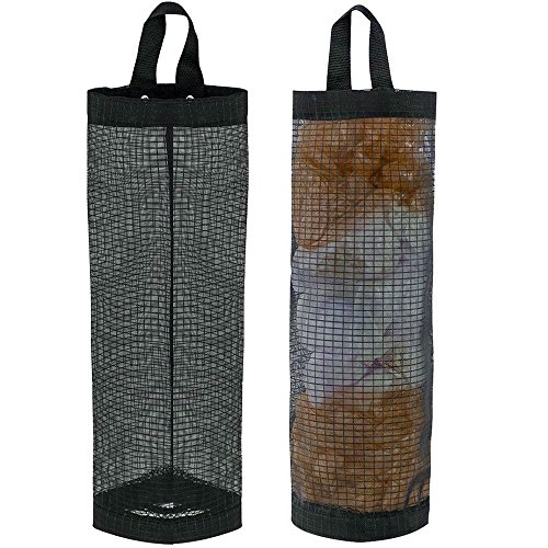 Plastic Grocery Bag Holder and Dispenser, Hanging Storage Folding Mesh Garbage Bag Trash Bags Organizer Recycling Grocery Pocket Containers for Kitchen Wall Mount, Black, 2PCS