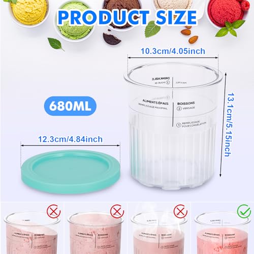 Hejo 4 Pieces Containers for Ninja Creami Deluxe Pints, 680ml Ice Container for NC500 NC501 Series, Ice Cream Container with Lid for Ninja Ice Cream Maker, Accessories for NinjaCreami Ice Cream