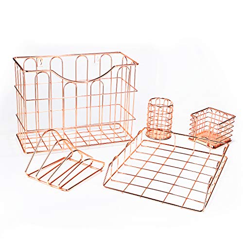 Miukada Desk Organizer Set,Desk Accessories 5 in 1. Includes Letter Sorter, Pencil Cup Holder, Stick Note Holder, Hanging File Organizer and Letter Tray for Office, School or Home(Rose Gold)