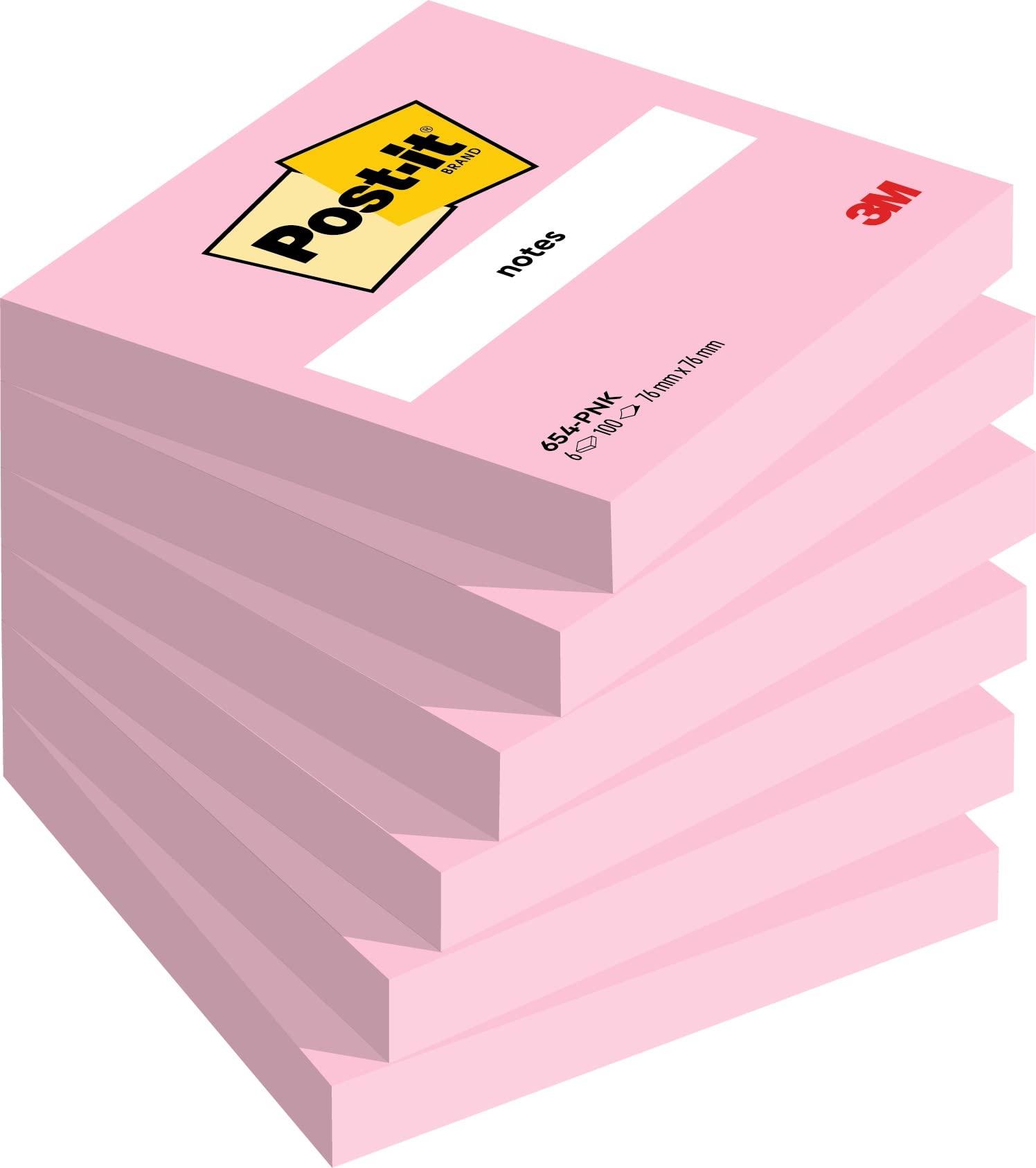 Post-it Notes, Pink, Pack of 6 Pads, 76 mm x 76 mm, 100 Sheets per Pad - Extra Sticky Notes for Walls, Monitors and Fridge