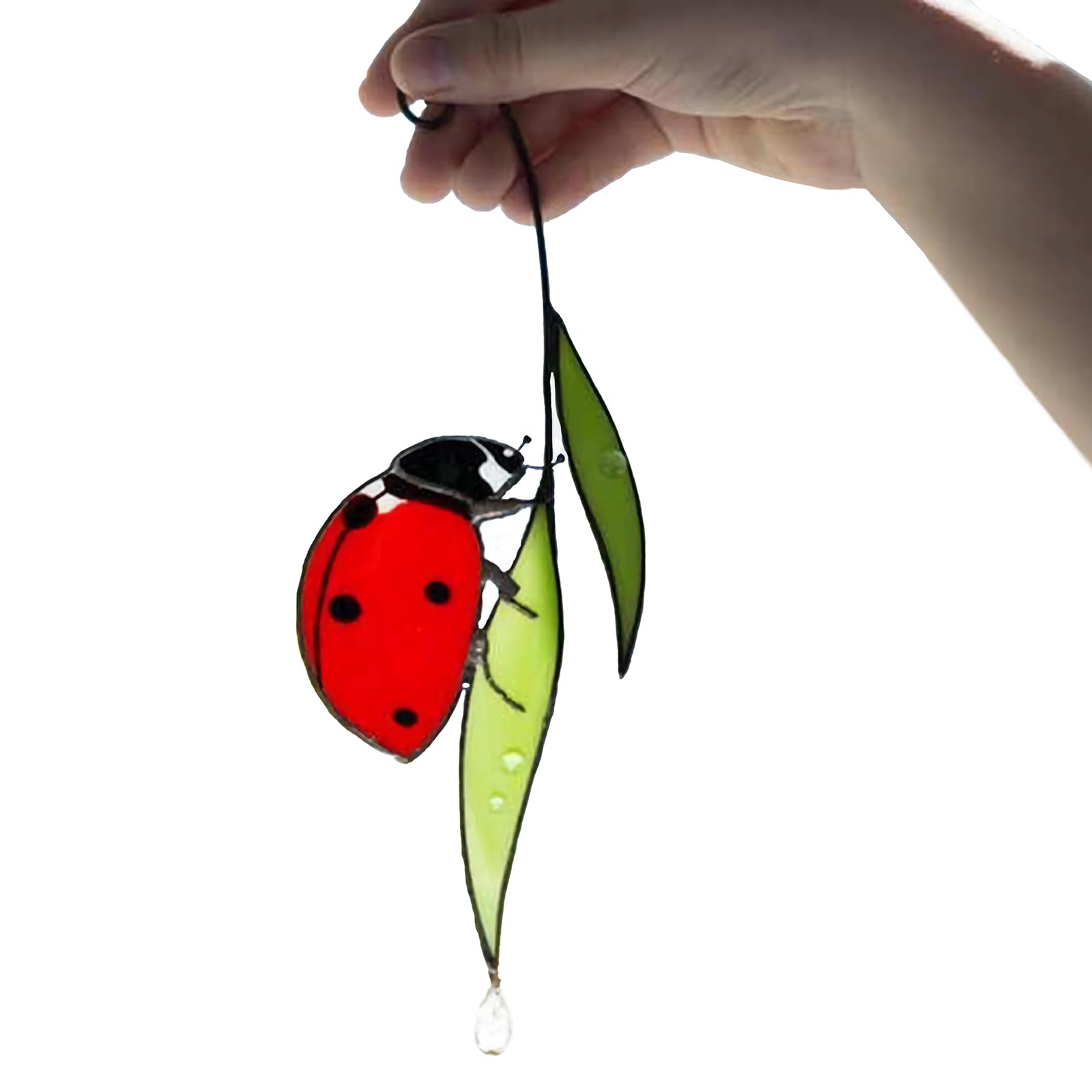 TopHomer Ladybug on a Leaf Window Hangings Suncatcher Stained Glass Effect Ornament 22cm Alloy Pendant Sun Catcher for Livingroom Bedroom Garden Fence Spring & Summer Decoration Hand Printed Gifts