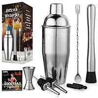 24 oz Cocktail Shaker Bar Set by Aozita, Stainless Steel Martini Shaker, Mixing Spoon, Muddler, Measuring Jigger, Liquor Pourers with Dust Caps and Manual of Recipes, Professional Bar Tools
