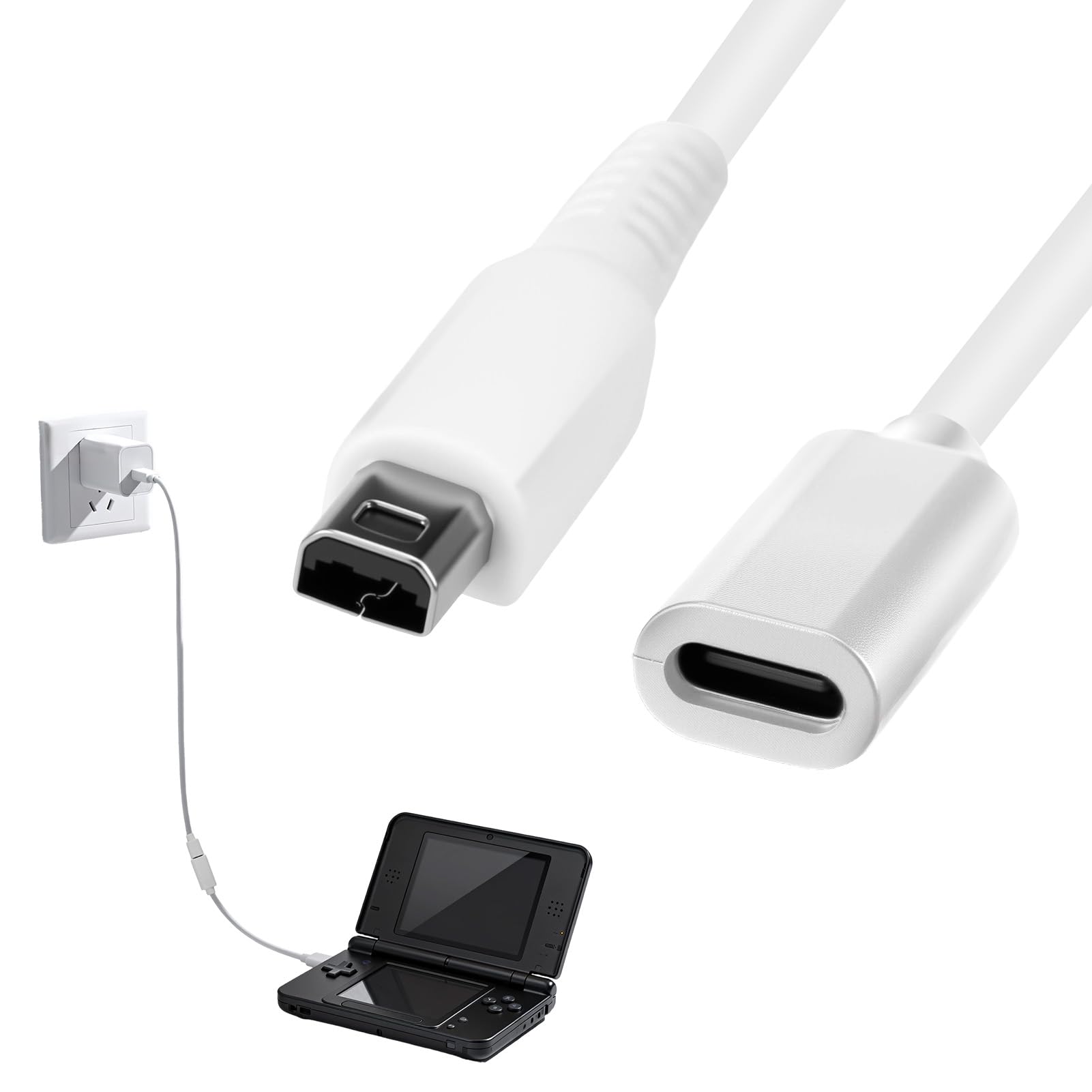 TNJPSEK 3DS USB-C Charger Cable, 7" Type-C Female Power Charging Cable Compatible with 3DS 2DS DSi Series (White, Not for DS/DS Lite) (White & 1 Pcs)