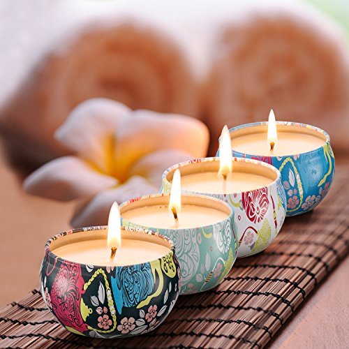 AIMASI Scented Candles JasmineLotusLilac Blossoms & White GardeniaNatural Soy Wax Portable Travel Tin CandleSet Gift of 4