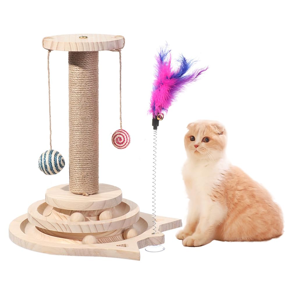 Marchul 4 in 1 Cat Toys - Cat Sisal Rope Scratching Post with Hanging Ball, Wooden Track Toy with Springy Feather, Interactive Scratch Post for Indoor Play