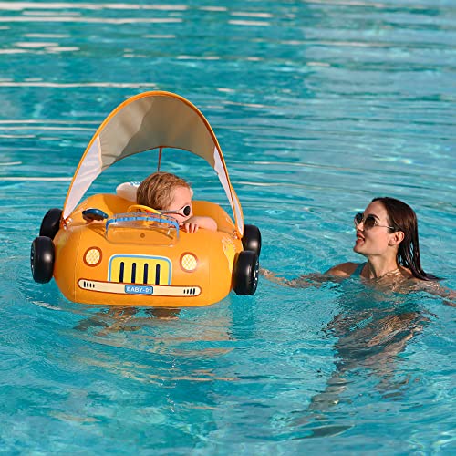 Swimbobo Toddler Pool Float Inflatable Car Baby Swim Float with Adjustable Sun Canopy and Safety Seat Pool Toys for Kids 3+ Years Old(Yellow Deep Sport Car)