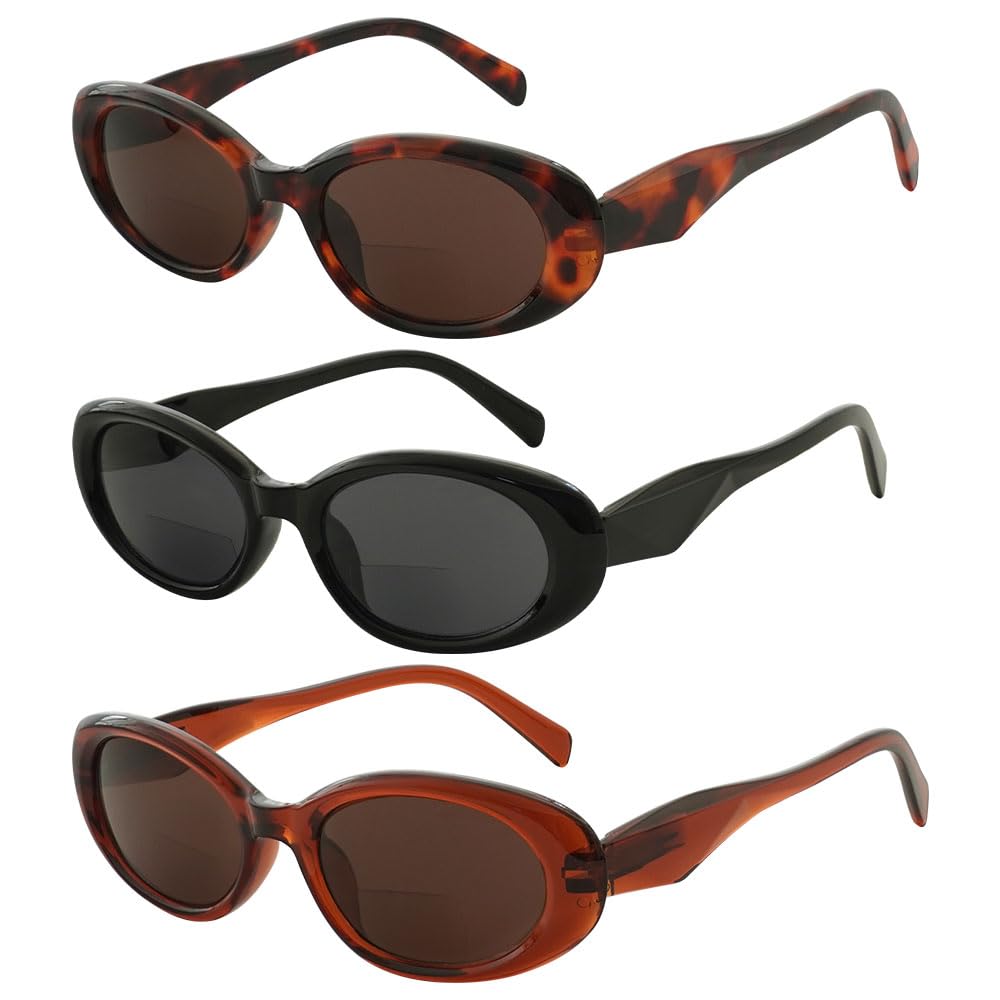 JiSoo Reading Sunglasses 1.5 Bifocal Sunglasses Women - Oval Small Reading Sun Glasses Cute Ladies Prescription Sunglasses 3Pack