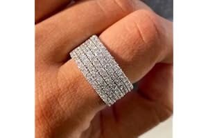 SDOUEFOS 14K White Gold Luxury Full Rhinestone Studded Zirconia Diamonds Engagement Ring Multi-Row Ring in Sterling Silver Wedding Band Rhinestone Rings Size 6