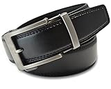 Classic Men's Leather Ratchet Click Belt - Matte Silver Buckle w/ Double Stitched Black Leather Ratchet Belt - Trim to Fit (Trim to Fit: Up to 40'' Waist)