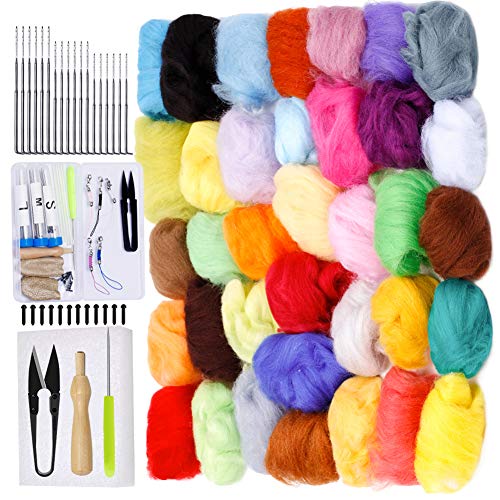 Jupean Needle Felting Kit, 36 Colors Wool Roving with Basic Wool Felt