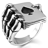 INBLUE Men's Stainless Steel Ring Silver Tone Black Ace of Spades Poker Card Skull Hand