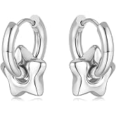 Silver Star Hoop Earrings for Women Dainty Gold Star Hoop Earrings Chunky Silver Huggie Dangle Earrings Y2k Grunge Star Earrings Trendy Jewelry Accessories