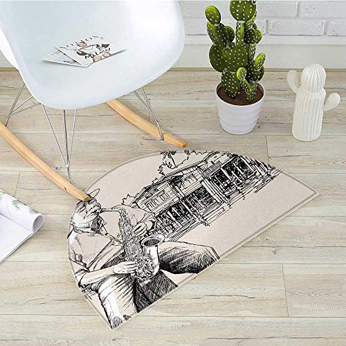 Jazz Music Semicircular CushionArt with Jazz Saxophonist Playing at River Bank Palm Trees Bungalow Reflection Entry Door Mat H 51.1" xD 76.7" Beige Black