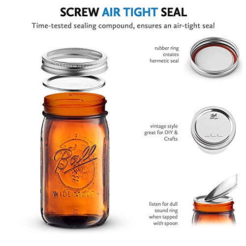 Amber Glass Wide Mouth Mason Jars (32 oz/ Quart ) 4 Pack. With Airtight