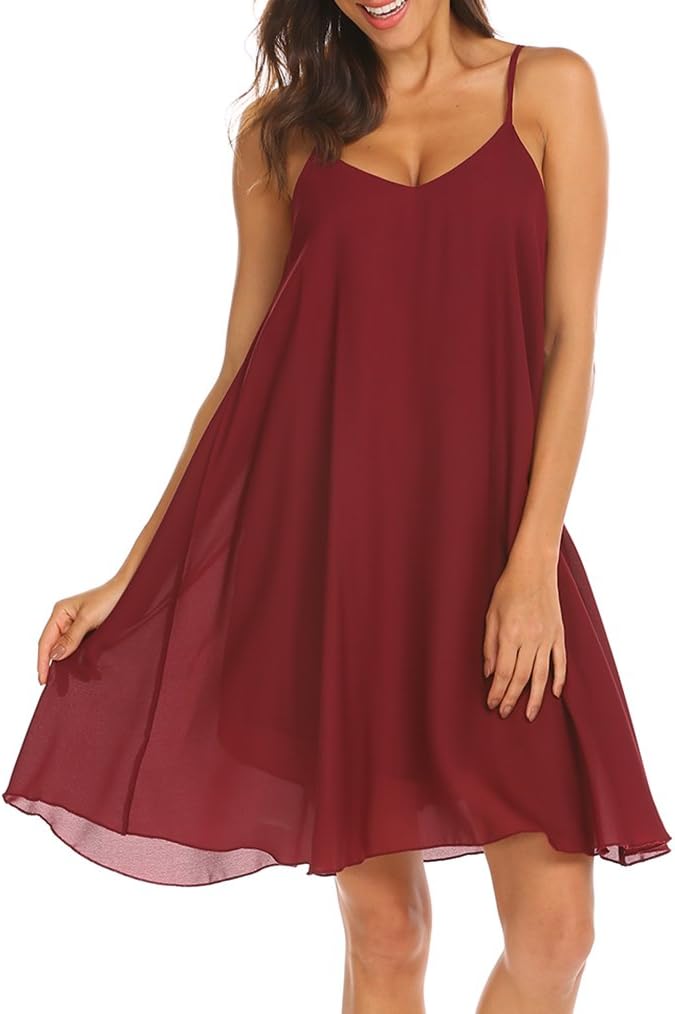 MISELON Women Chiffon Sundress Spaghetti Strap Sleeveless Beach Loose Flared Dress