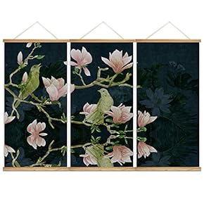 Hanging Poster NO Magnetic Wooden Framed,Green Leaves,Beautiful Flowers Home Wall Canvas Prints Decoration Ready to Hang - 18"x36"x3 Panels