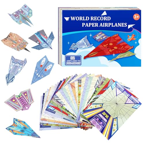 Xuoent Paper Airplanes, Paper Plane Craft Kit for Kids, Gifts for Boys and Girls Ages 6-12+, Includes Instruction for 16 Classic Designs and 32 Colorful Papers Planes