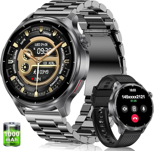 Military Smart Watch for Men-1000mAh Battery, 2 Straps, 1.52" HD Rugged Smartwatch with BT Calling, 120+ Sports Modes, Heart Rate Sleep Monitor, IP68 Waterproof Fitness Tracker for Android iOS, Black