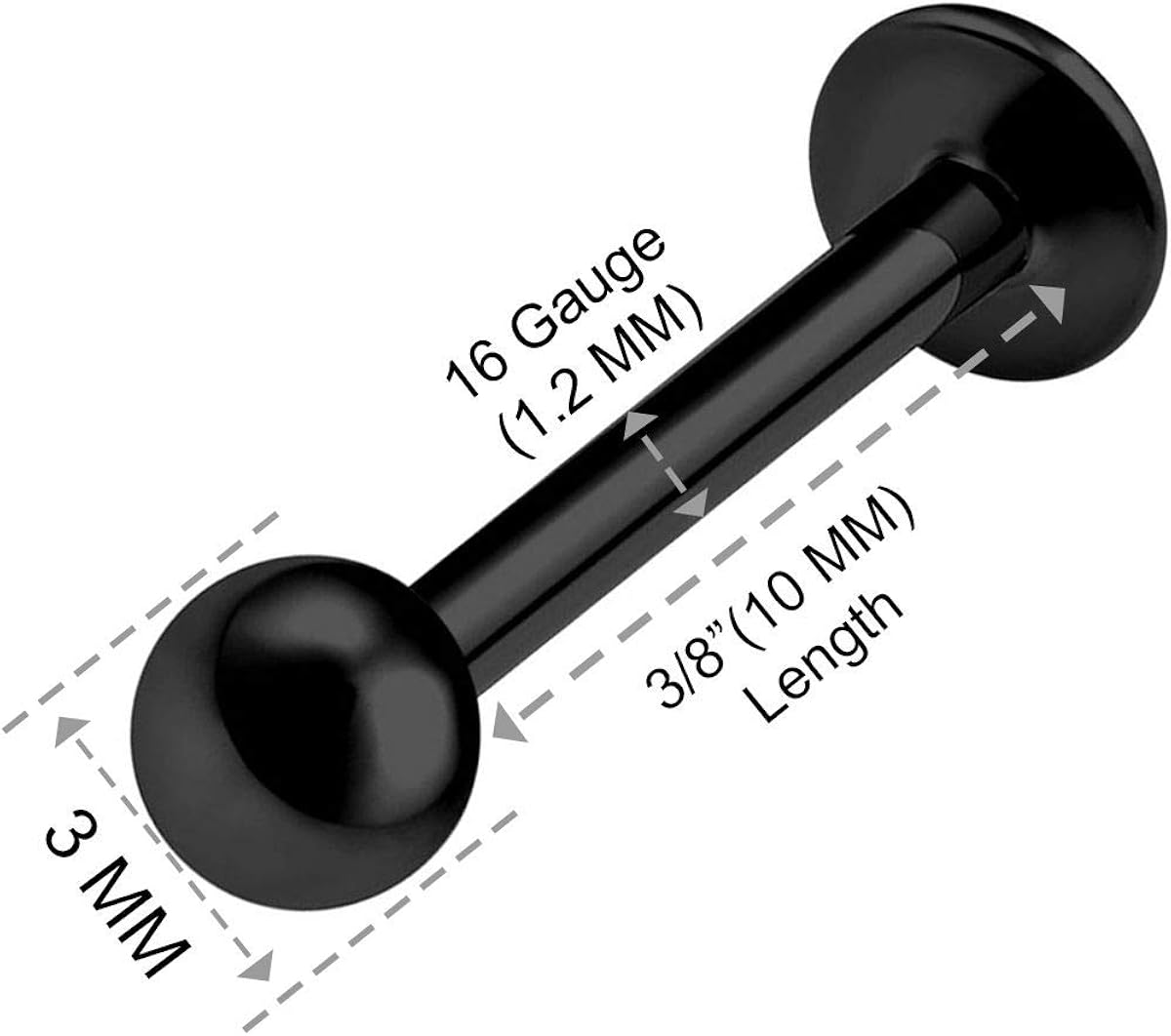 2PCS Stainless Steel Black Labret Lip Rings 16g 3mm Ball Lip Monroe