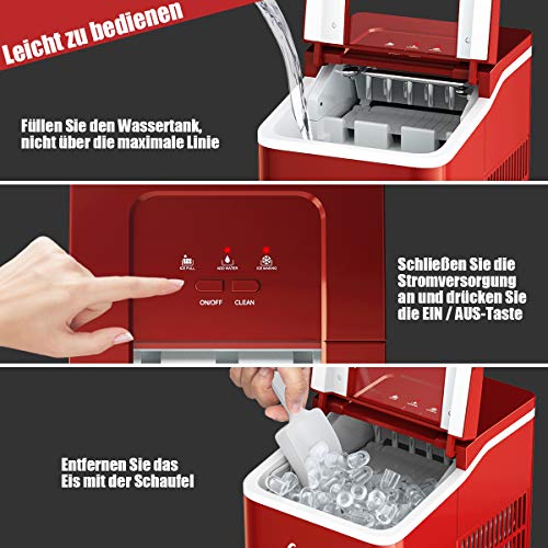 COSTWAY Eiswürfelmaschine Ice Maker 12KG/24H, Eismaschine Eiswürfelbereiter inkl. Eiswürfelschaufel / 9 Eiswürfel in 8 min / 1,6L Wassertank / 120W / 31x22x30cm (Rot) – Bild 5