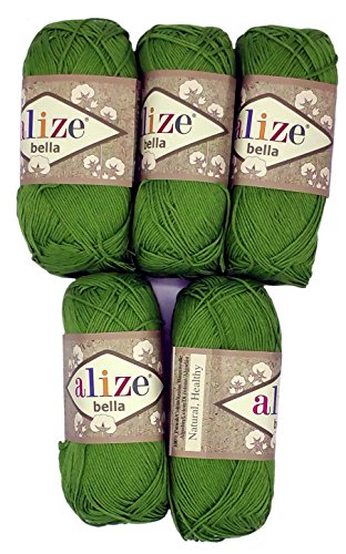 Alize Bella 5 x 50 grams single-colour cotton wool, 250 total grams (8,81oz) of 100% cotton knitting yarn 980 yds (900 meters) (green 492)