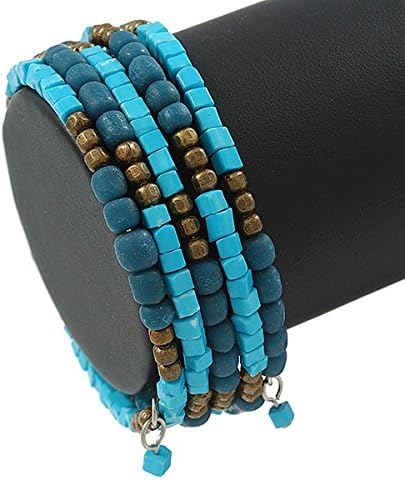 Avalaya Azure/Turquoise Stone Bead Multistrand Coiled Flex Bracelet Bangle - Adjustable, bronze, cyan / aqua, teal - Image 4
