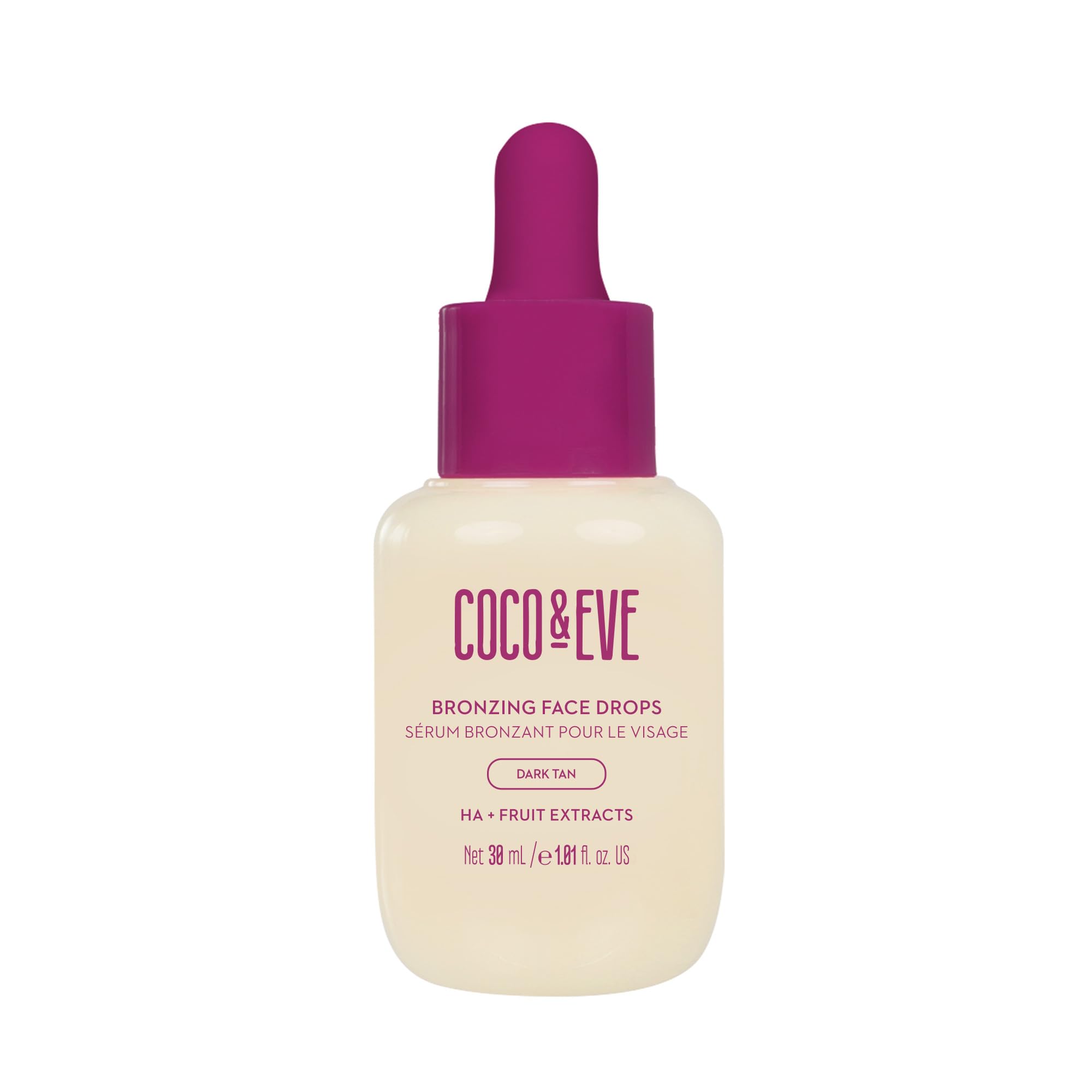 Coco & Eve Sunny Honey Bronzing Face Drops (Dark), Natural Self Tanning Face Drops. Hydrating Hyaluronic Acid. Indoor Sunless Moisturizing Self Tanner. (1 fl oz)
