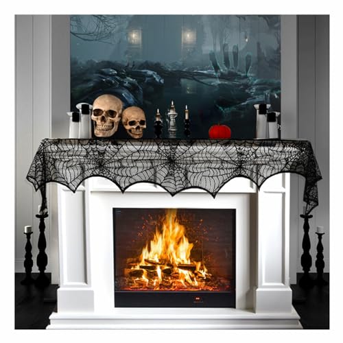 Halloween Cobweb Fireplace Scarf, Black Lace Spiderweb Mantle Scarf for Halloween Home Party Supplies, 18 x 96 inch