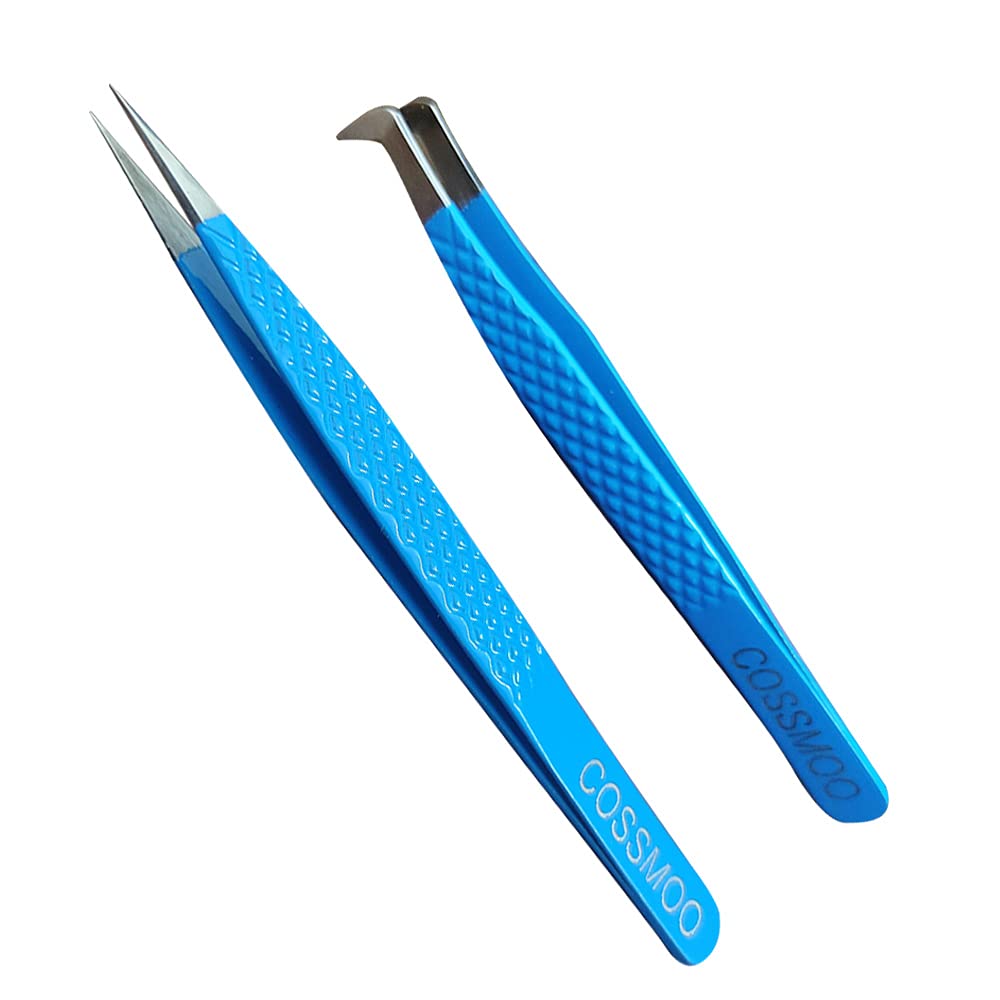 2 Pieces Diamond Grip Eyelash Tweezers Professional Set- COSSMOO Straight and Angled Curved L-Shape Volume Tweezers for Lashes Extension, Pointed Individual Application Tweezers for False Lash