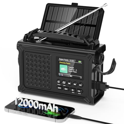 Kurbelradio DAB/UKW, Tragbare Solar Notfallradio mit 12000mAh Wiederaufladbare Powerbank, 2,4 "großes Farbdisplay, LED Taschenlampe & Leselicht, DAB+