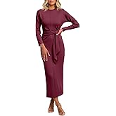 Cicy Bell Womens Long Sleeve Maxi Dress Bodycon Tie Waist Fall Elegant Crew Neck Cocktail Party Dress