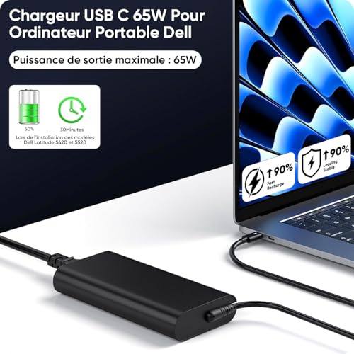 65W USB C Charger Power Supply for Dell Latitude 5320 5420 5430 5440 5450 5520 5530 5540 5550 7420 7430 7440 7330 7340 e5430 e5430 Inspiron 14 16 7430 620 Chromebook 3100 XPS 13 Type C Adapter
