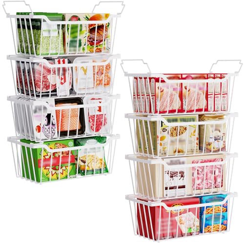 SUNALLY Freezer Organizer Bins, 8 Pack Chest Freezer Organizer Stackable for 5-7 Cu.FT Deep Freezer Sort Frozen Meats and Food, Freezer Storage Baskets with Handles Easy Reach from Bottom, White