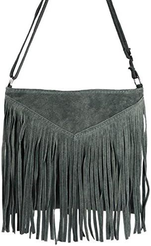 Beautiful Italian Suede Shoulder Bag / Tassel with Fringes, Carelli Italia PESARO grey