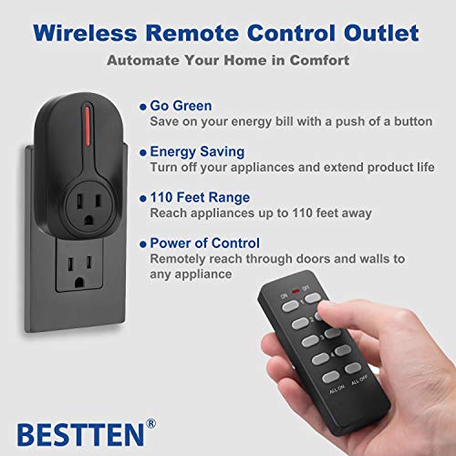 BESTTEN Wireless Remote Control Outlet Switch Set (2 Outlets, 1 Remote) with 110-Foot Range, Learning Code, Home… - Image 2